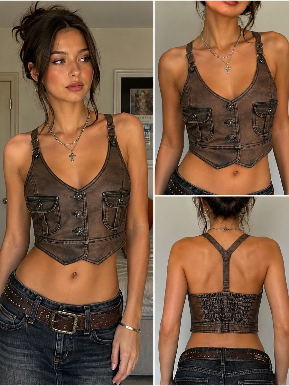 Last Kiss Brown Faux Leather Suspender Crop Vest Top XL